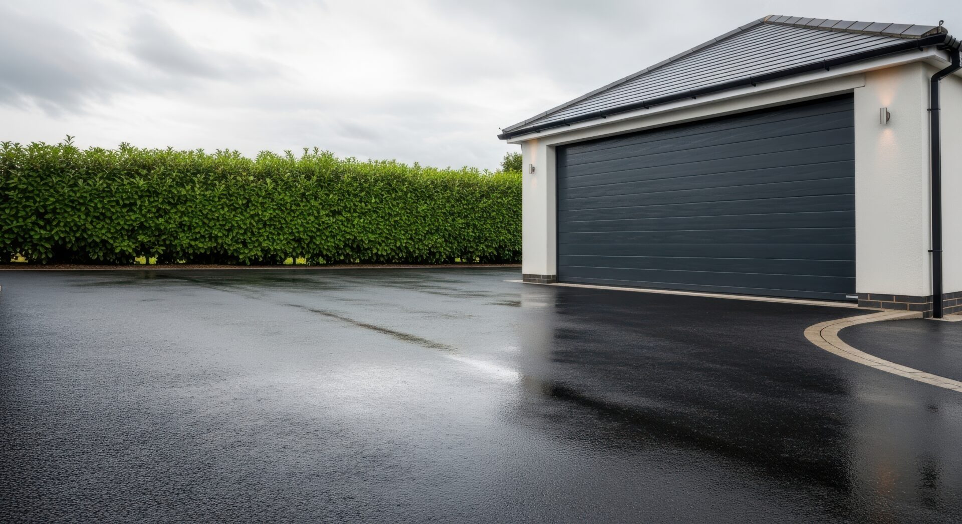The dark, wet tarmac driveway reflects the overcast sky and leads to a sleek, modern garage door, showcasing a clean residential exterior, perfect for property or home improvement themes.